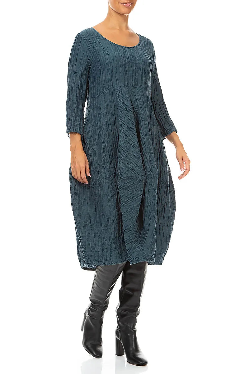 Balloon Cropped Sleeves Crinkled Deep Turquoise Silk Linen Dress 3