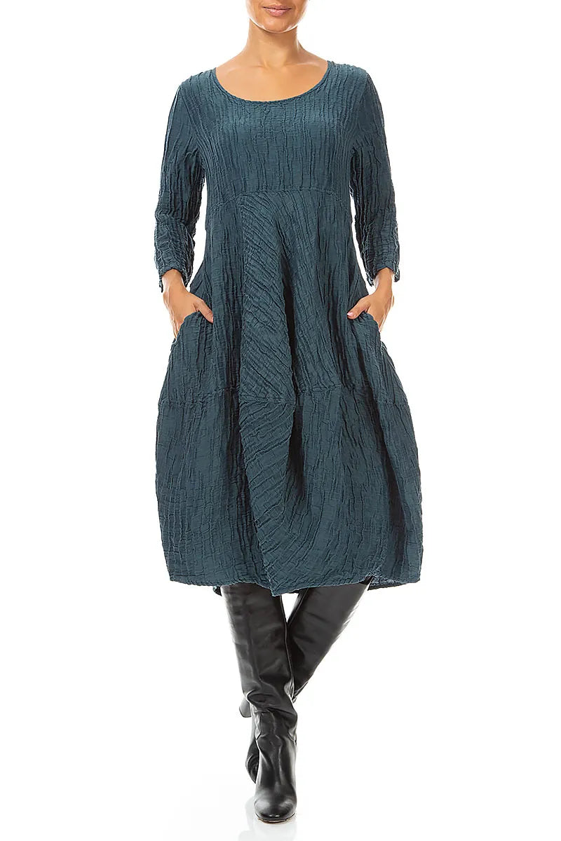 Balloon Cropped Sleeves Crinkled Deep Turquoise Silk Linen Dress 4