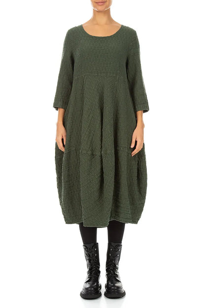 Balloon Cropped Sleeves Forest Mist Textured Linen Dress 1