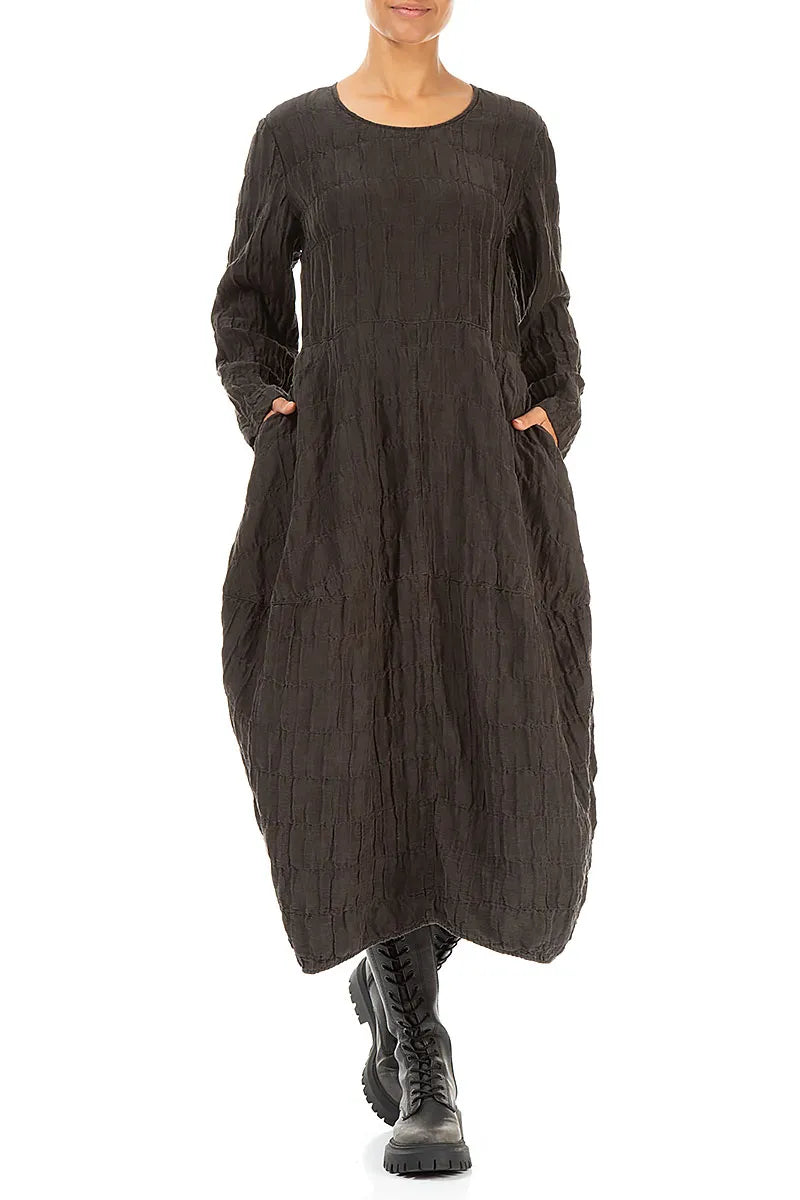 Balloon Forest Brown Pleated Silk Linen Dress 4