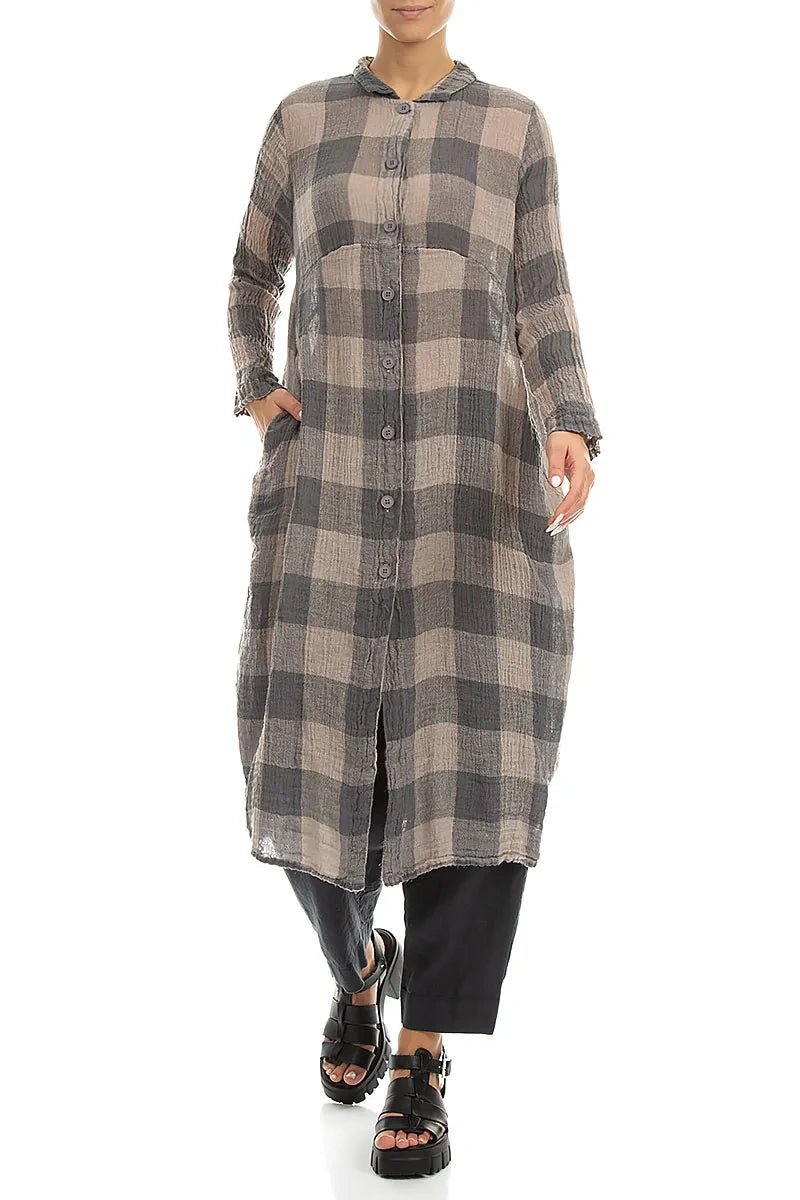 Balloon Large Check Beige Gauze Linen Jacket Dress 3