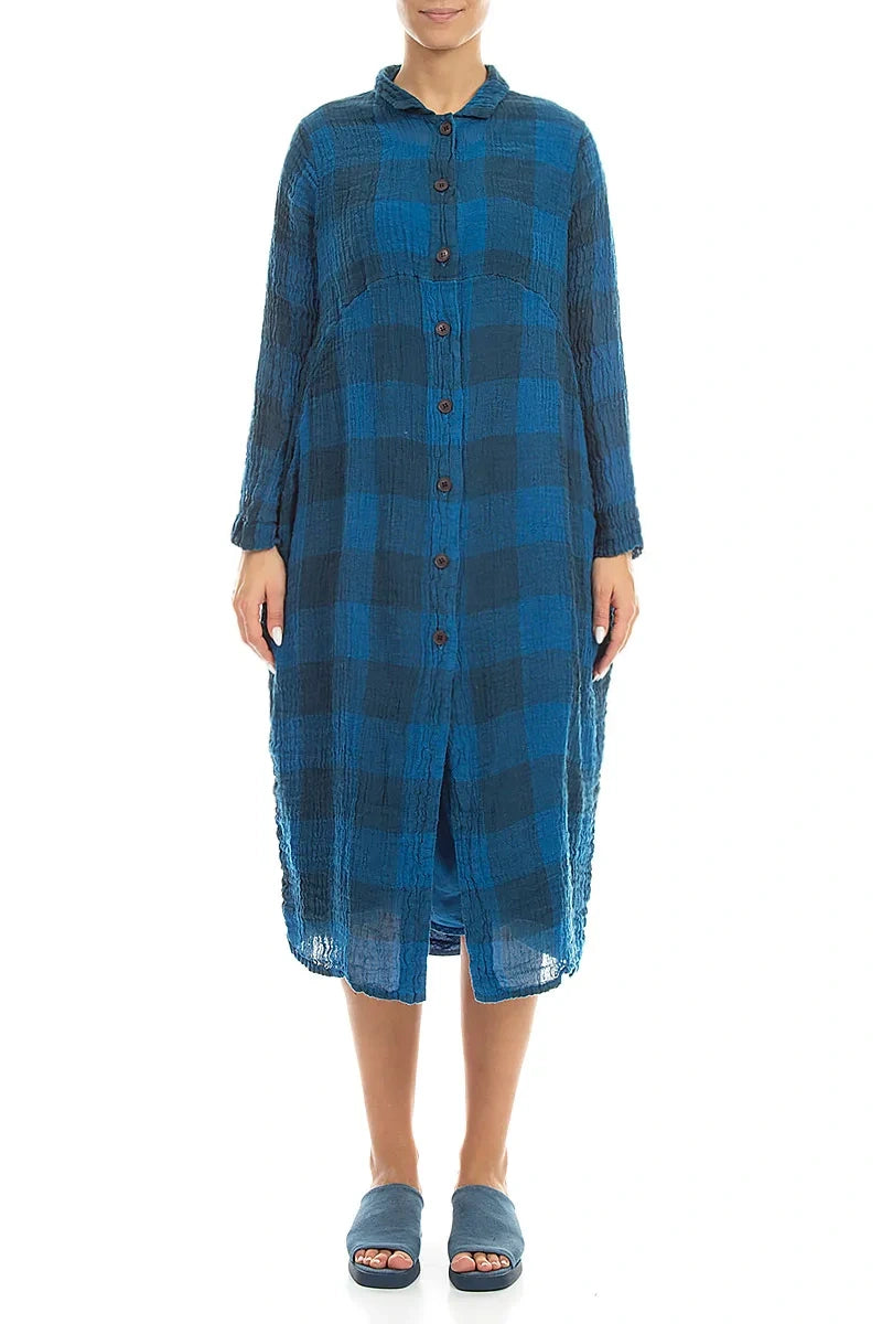 Balloon Large Check Cobalt Blue Gauze Linen Jacket Dress