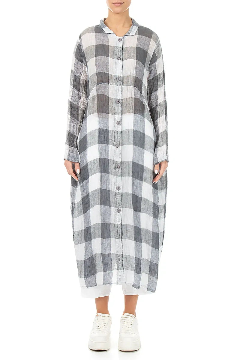 Balloon Large Check White Gauze Linen Jacket Dress