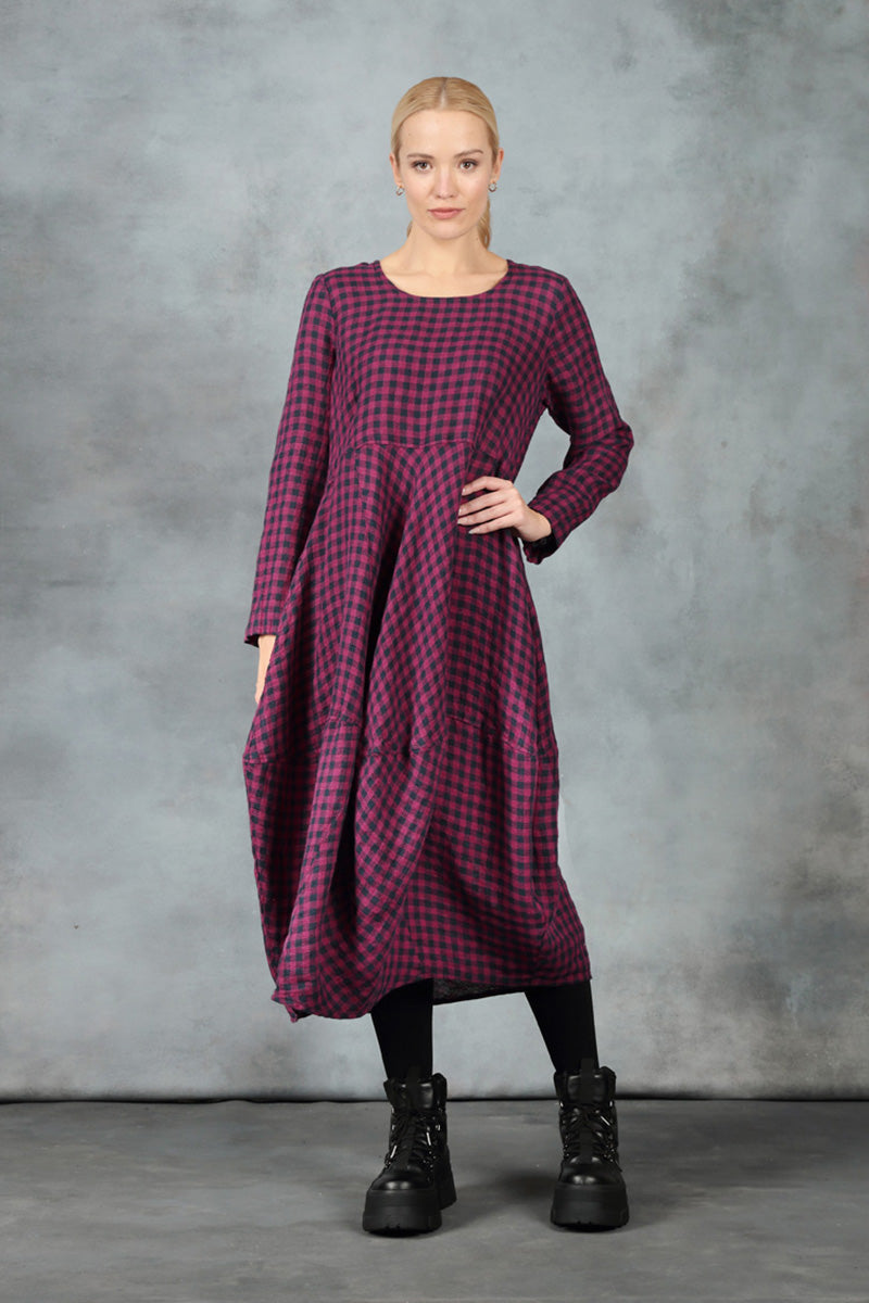 Balloon Magenta Check Linen Dress 6