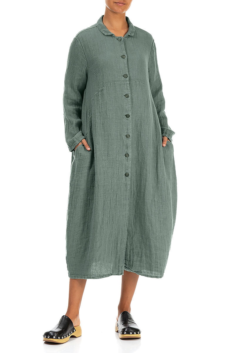 Jackenkleid aus strukturiertem Leinen in Ballon-Salbeigrün