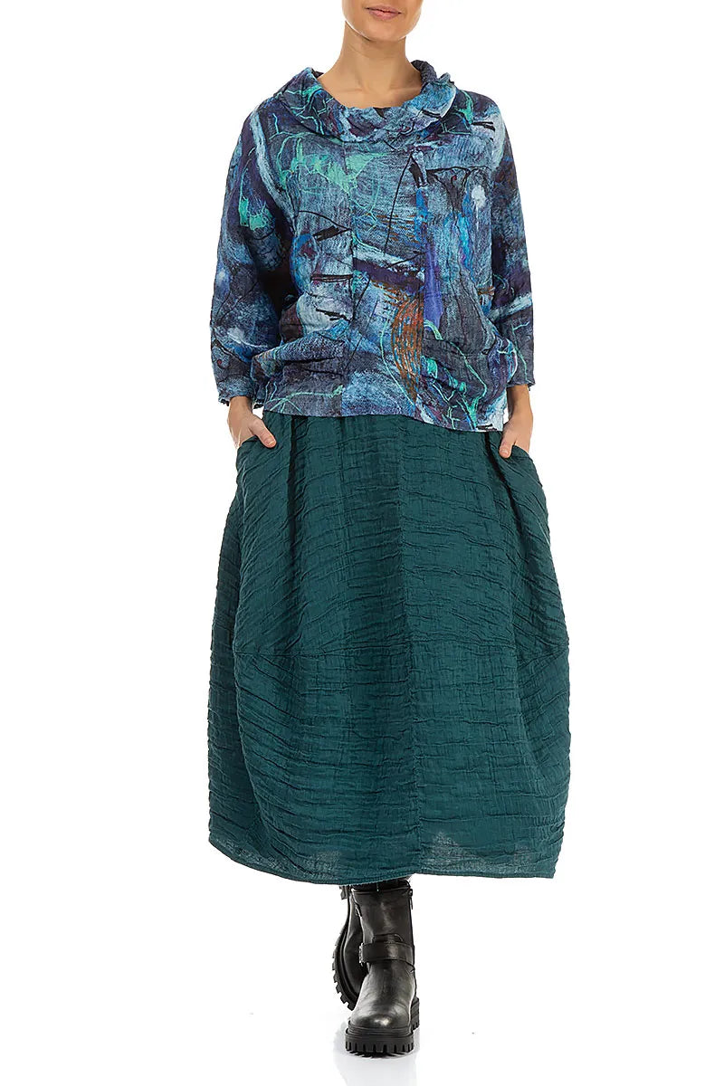 Balloon Shape Crinkled Peacock Silk Linen Skirt 4