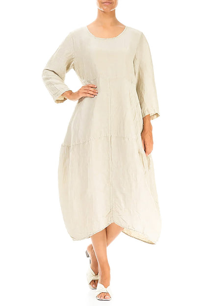 Balloon Textured Laurel Green Silk Linen Dress 4