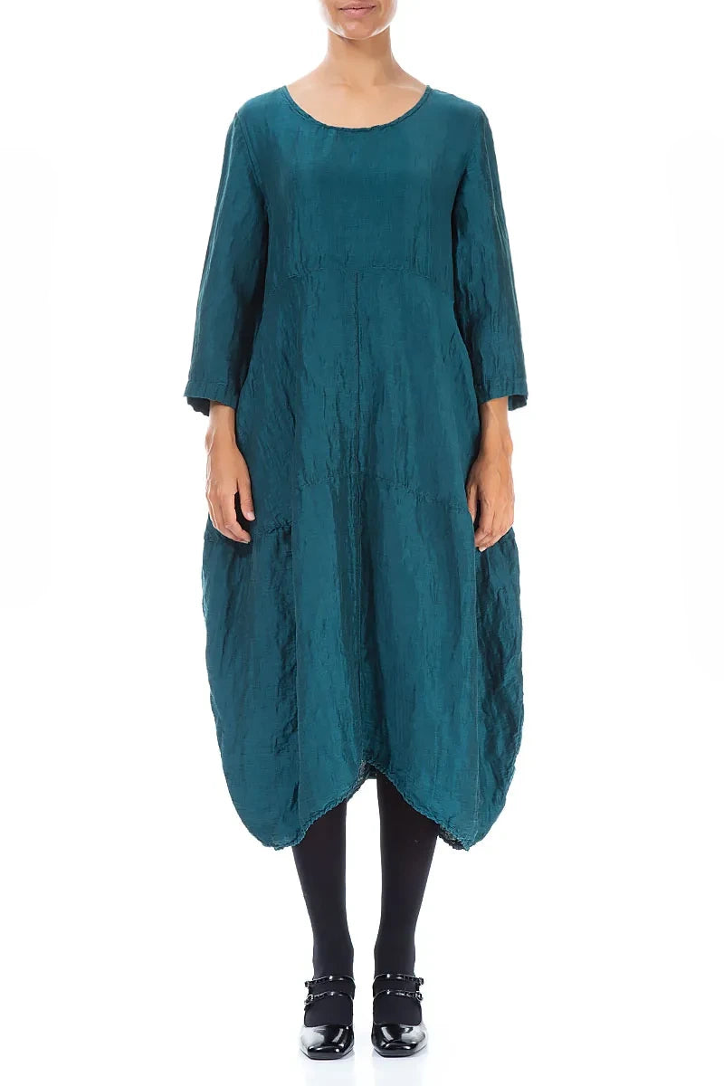 Balloon Textured Peacock Silk Linen Dress