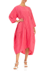 Balloon Textured Raspberry Silk Linen Dress 4