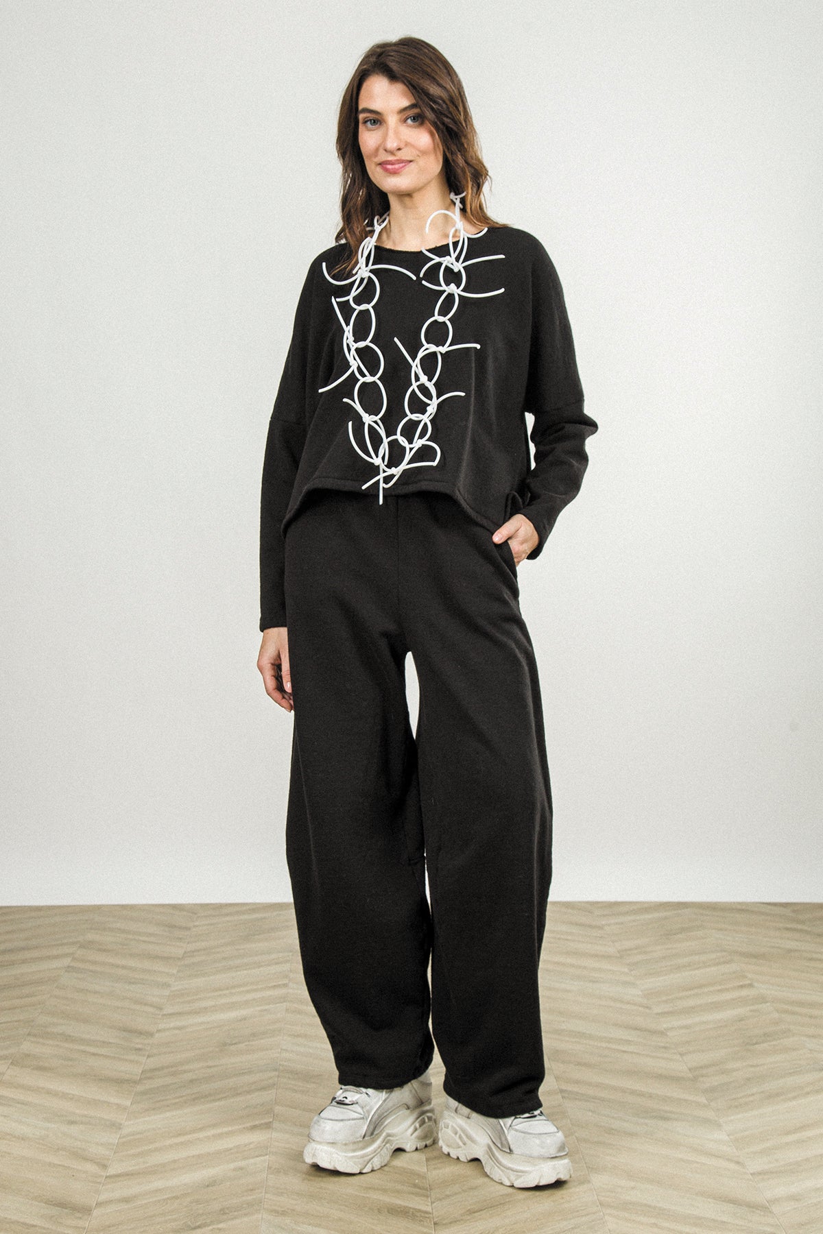 Barrel Leg Black Cashmere Cotton Trousers 1