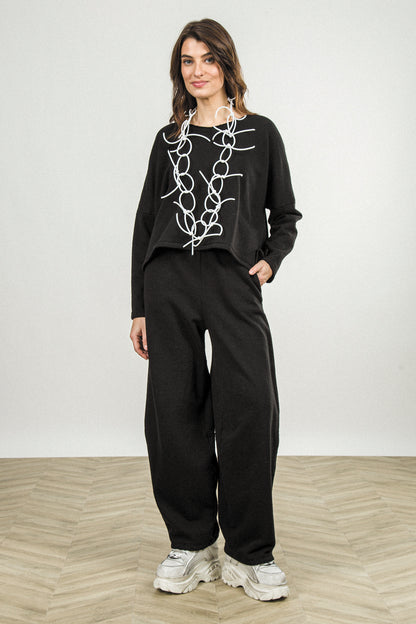 Barrel Leg Black Cashmere Cotton Trousers 1
