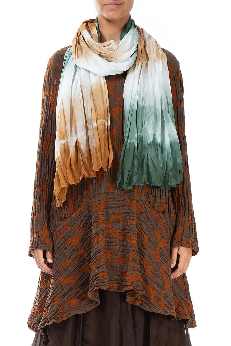 Dip Dye Copper Green Crumpled Pure Silk Scarf 1
