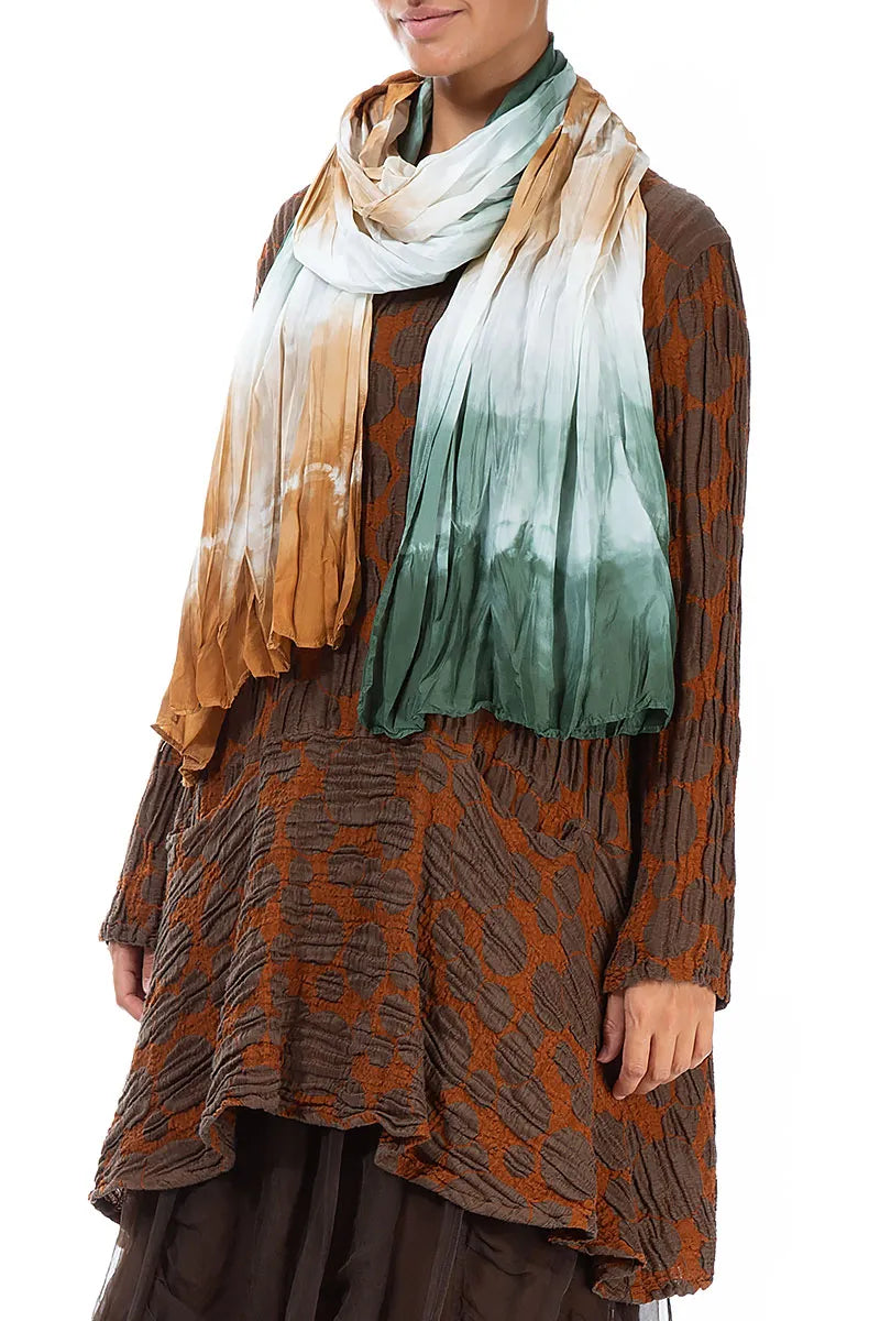 Dip Dye Copper Green Crumpled Pure Silk Scarf 3