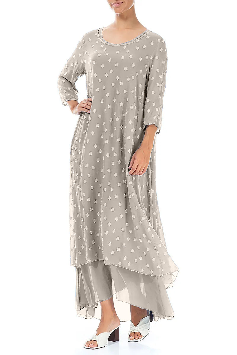 Beige Dotty Silk Maxi Dress