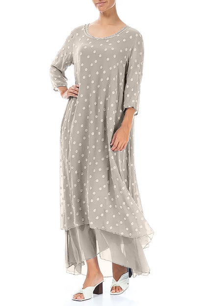 Beige Dotty Silk Maxi Dress