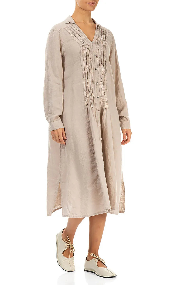 Beige Pintuck Linen Shirt Dress 2