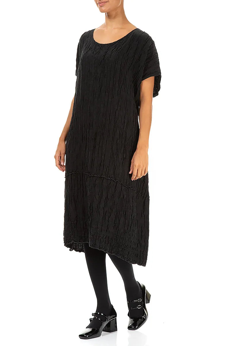 Black Crinkled Silk Linen Dress