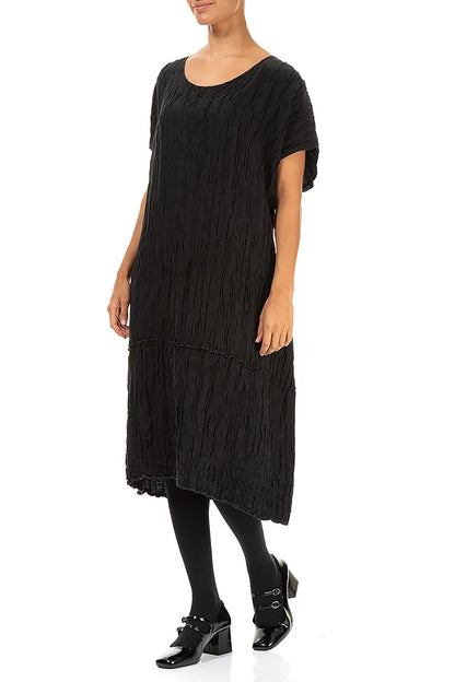 Black Crinkled Silk Linen Dress