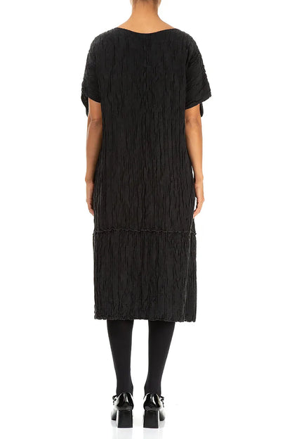 Black Crinkled Silk Linen Dress