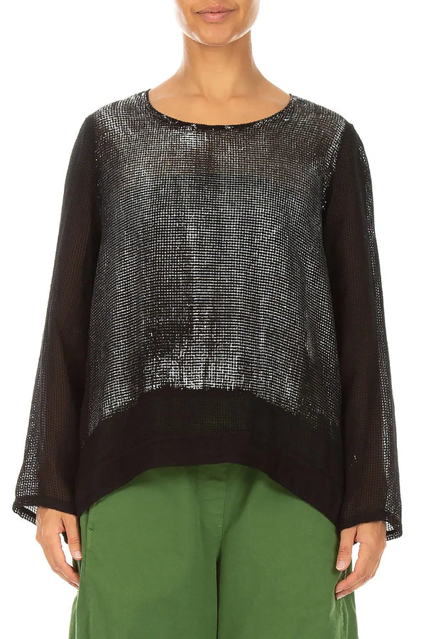 Black Foil Mesh Silk Blouse