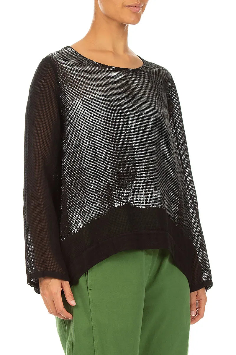 Black Foil Mesh Silk Blouse