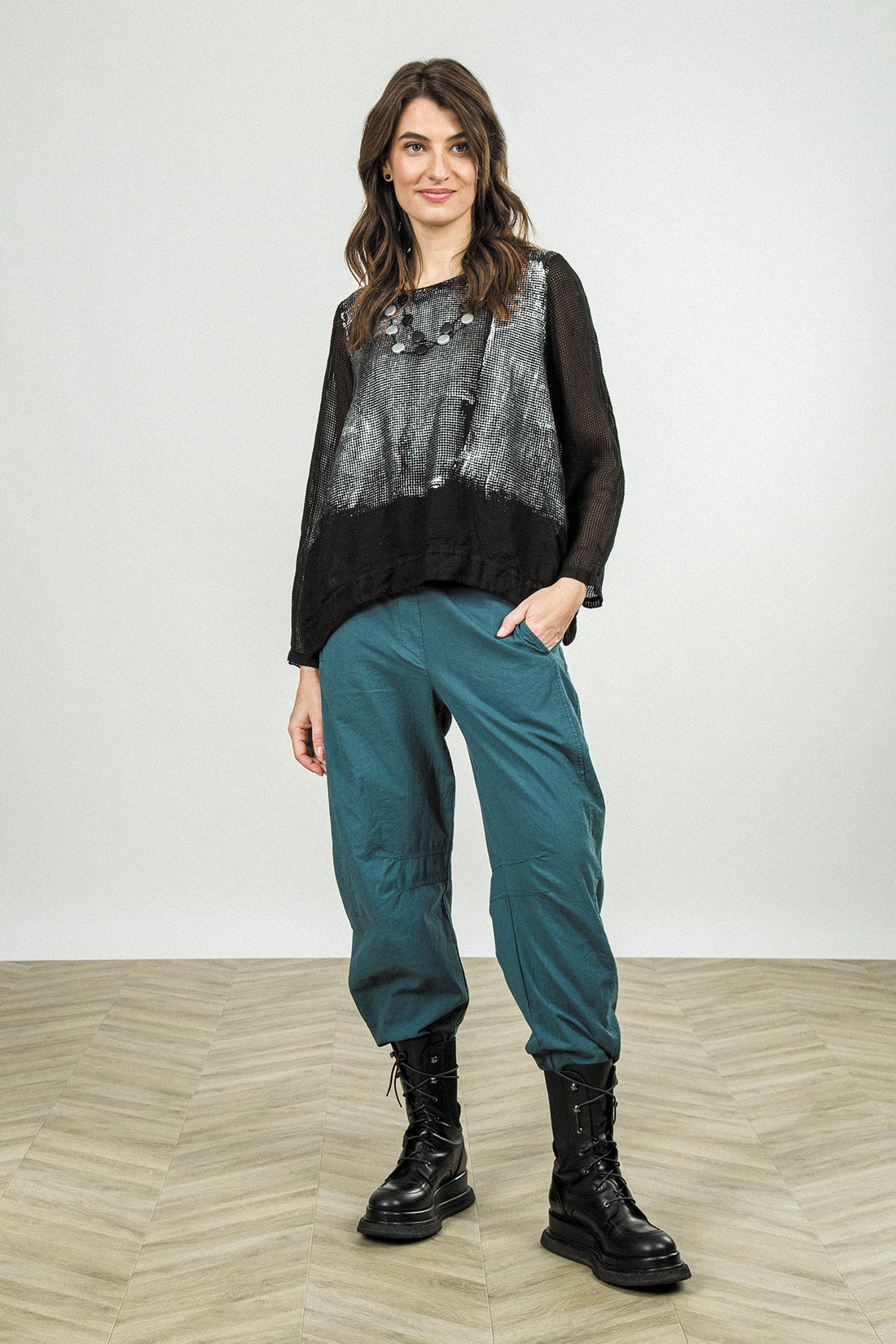 Black Silver Metallic Mesh Silk Blouse 8