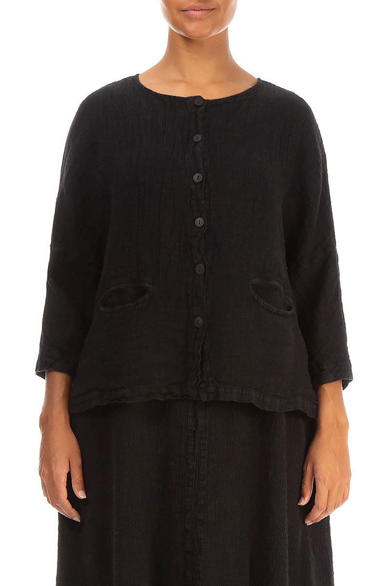 Black Mélange Linen Jacket Blouse