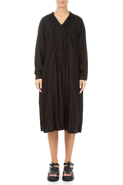 Black Pintuck Linen Shirt Dress 1