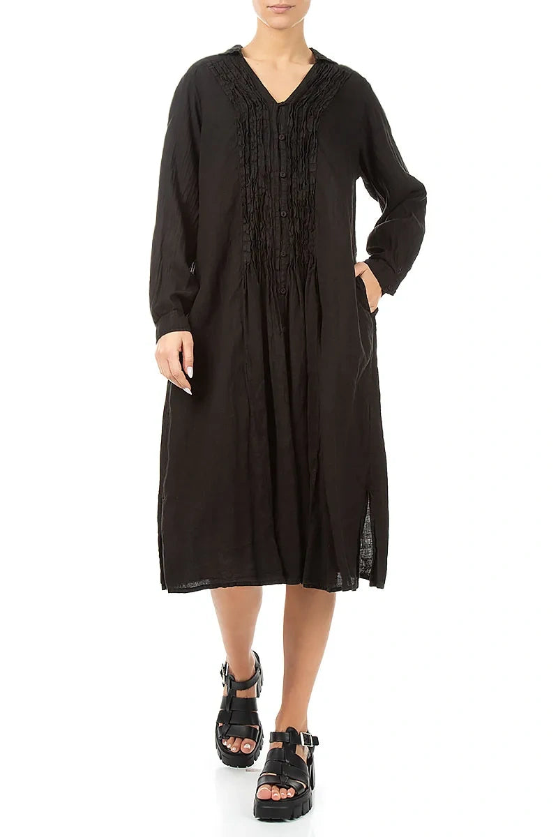 Black Pintuck Linen Shirt Dress 3