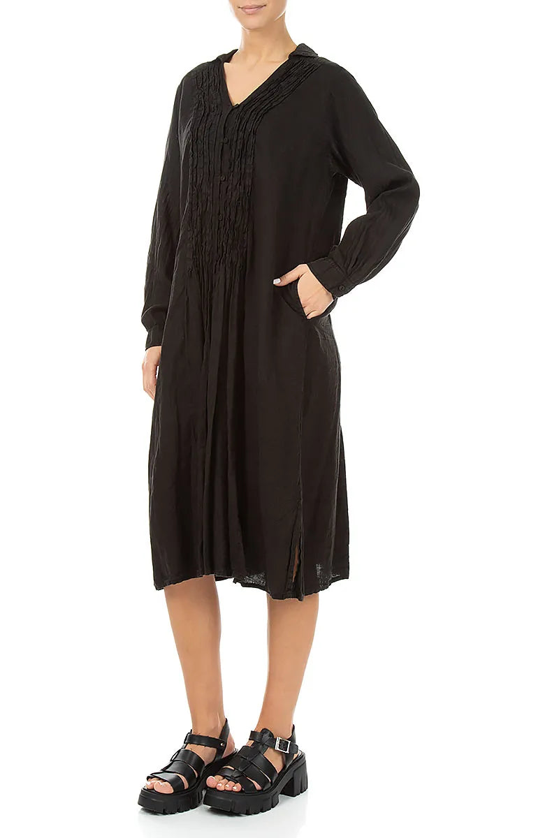 Black Pintuck Linen Shirt Dress 4