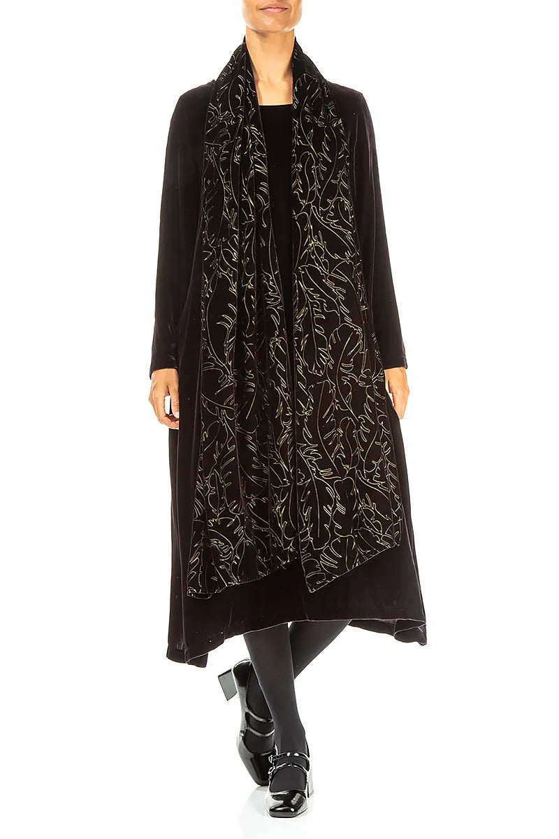 Schwarz-silberner Devoré-Schal aus Seidensamt mit Federn