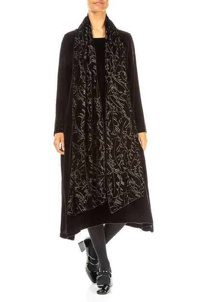 Schwarz-silberner Devoré-Schal aus Seidensamt mit Federn