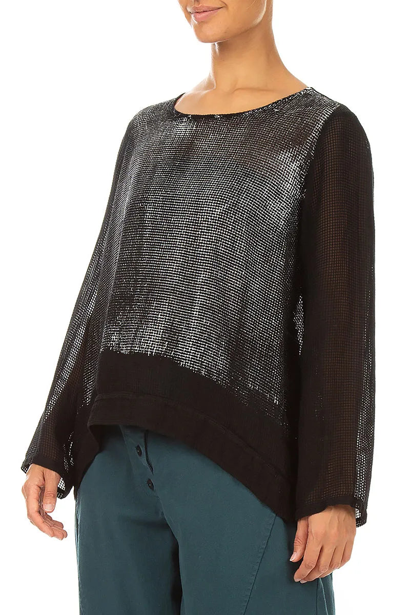 Black Silver Metallic Mesh Silk Blouse 3