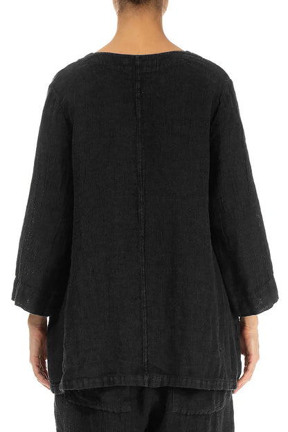 Black Sweetheart Neck Mélange Linen Blouse