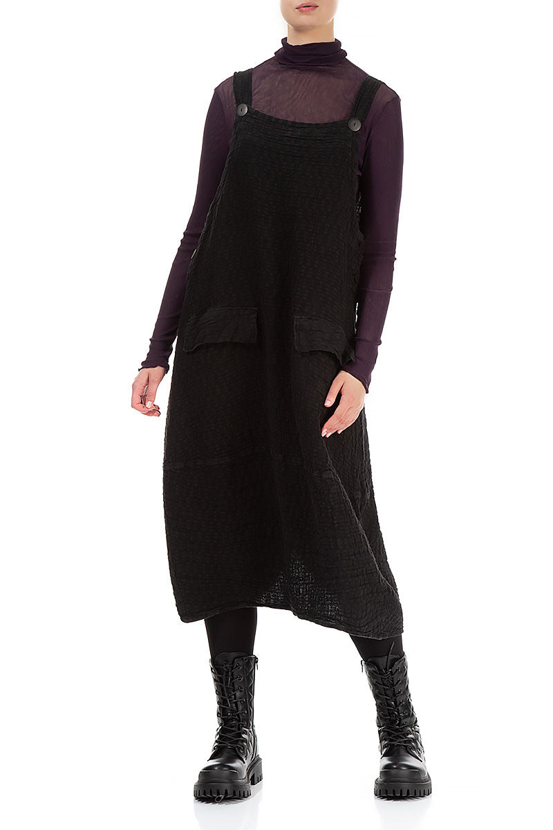 Black Textured Linen Dungaree Dress 3
