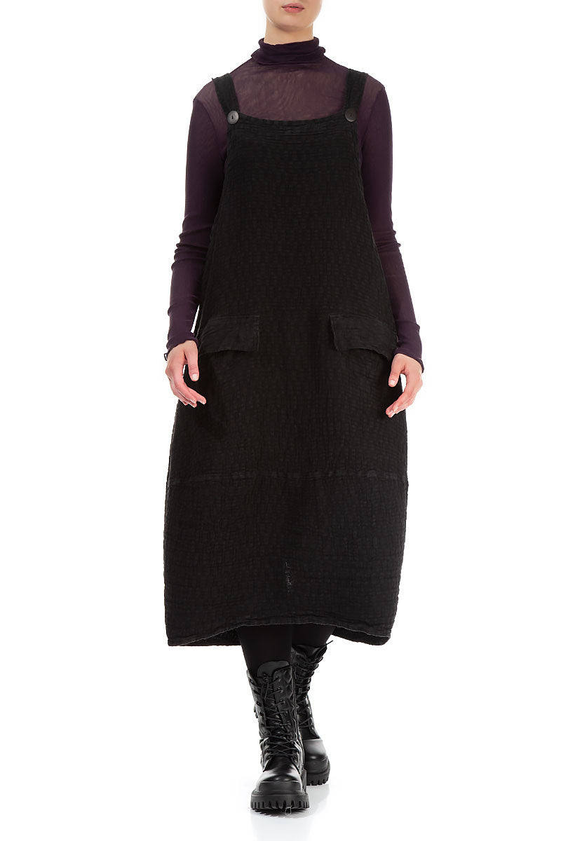 Black Textured Linen Dungaree Dress 4