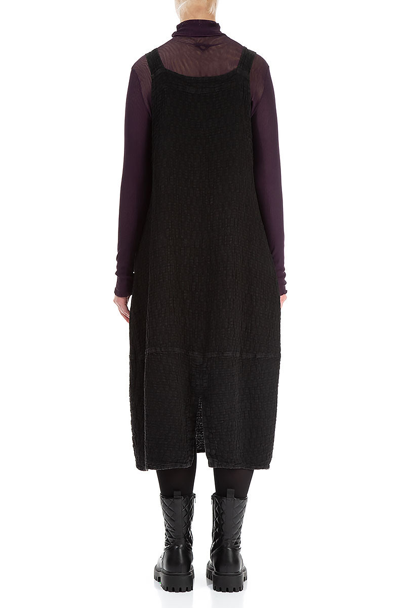 Black Textured Linen Dungaree Dress 2