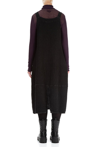Black Textured Linen Dungaree Dress 2