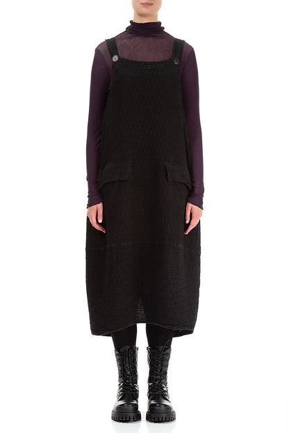 Black Textured Linen Dungaree Dress 1