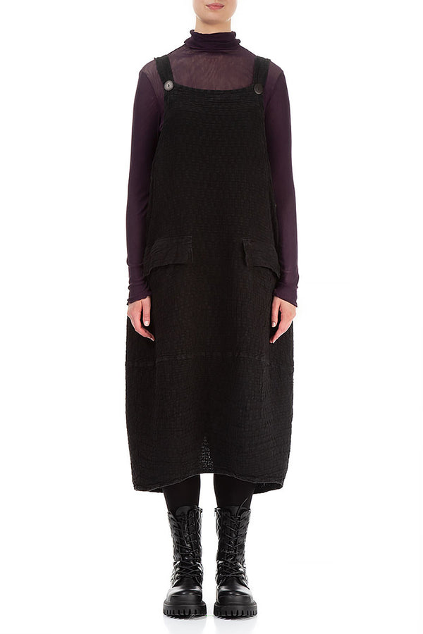 Black Textured Linen Dungaree Dress 1