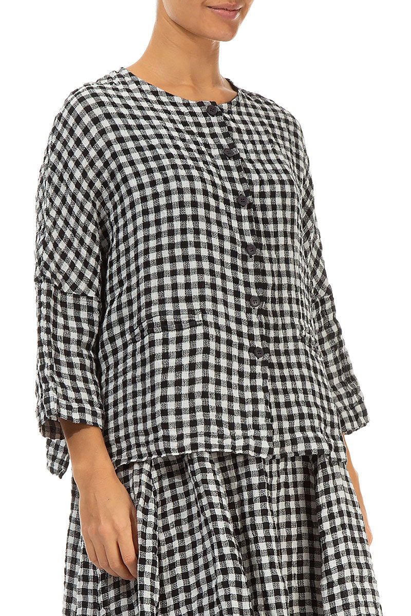 Black &amp; White Check Linen Jacket Blouse 3