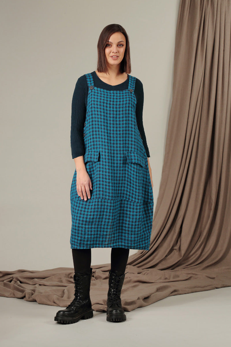 Blue Check Linen Dungaree Dress 1