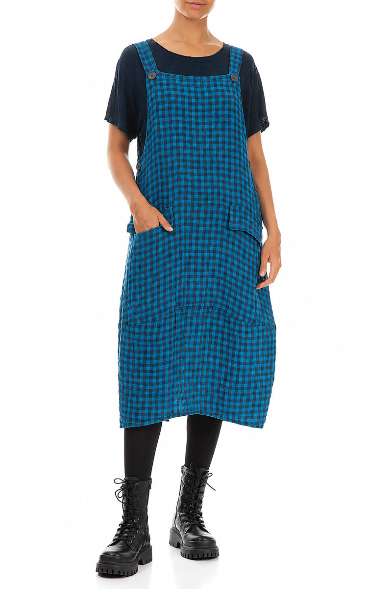 Blue Check Linen Dungaree Dress 4
