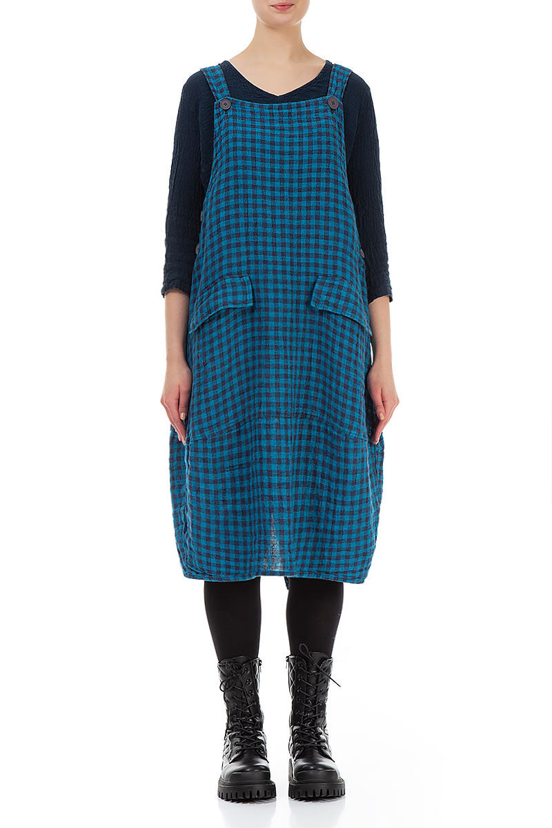 Blue Check Linen Dungaree Dress 2