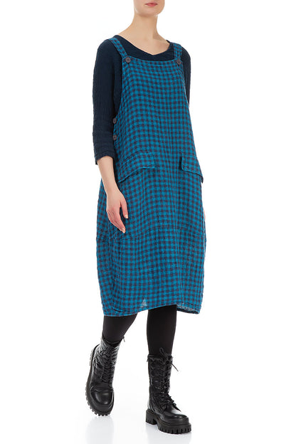 Blue Check Linen Dungaree Dress 3