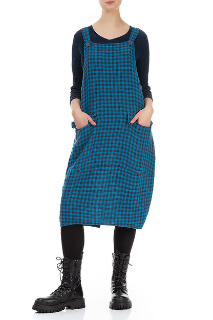 Blue Check Linen Dungaree Dress 4