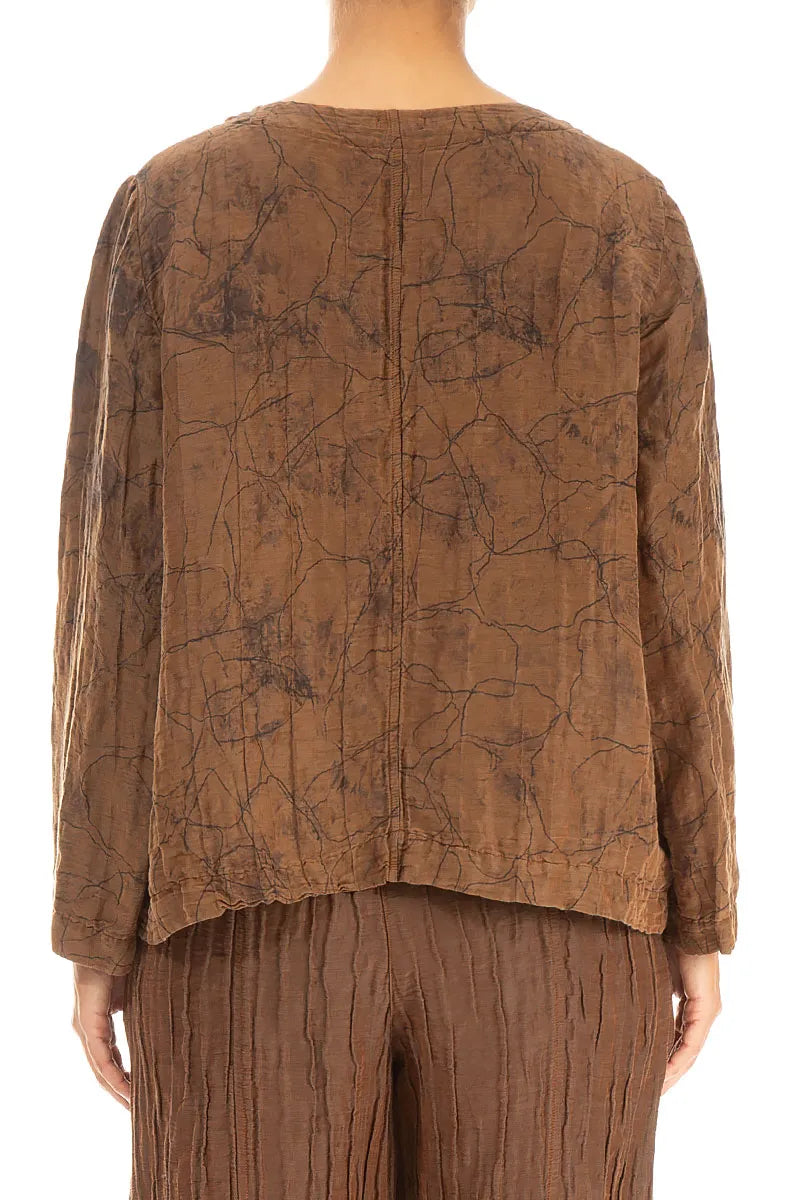 Boxy Aged Copper Marble Crinkled Silk Blouse