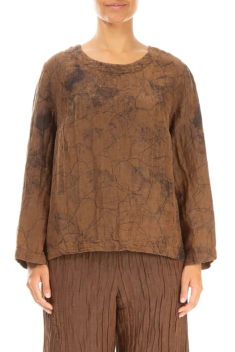 Boxy Aged Copper Marble Crinkled Silk Blouse