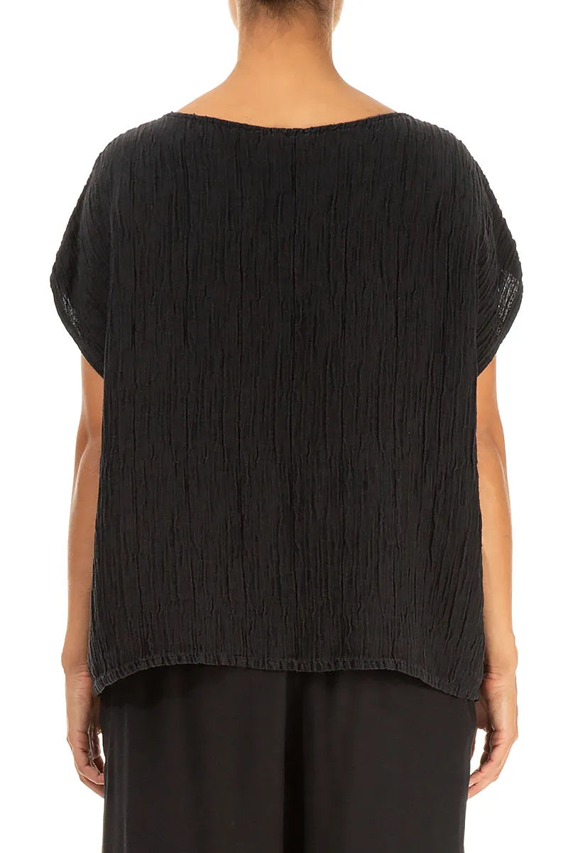 Boxy Black Crinkled Silk Blouse