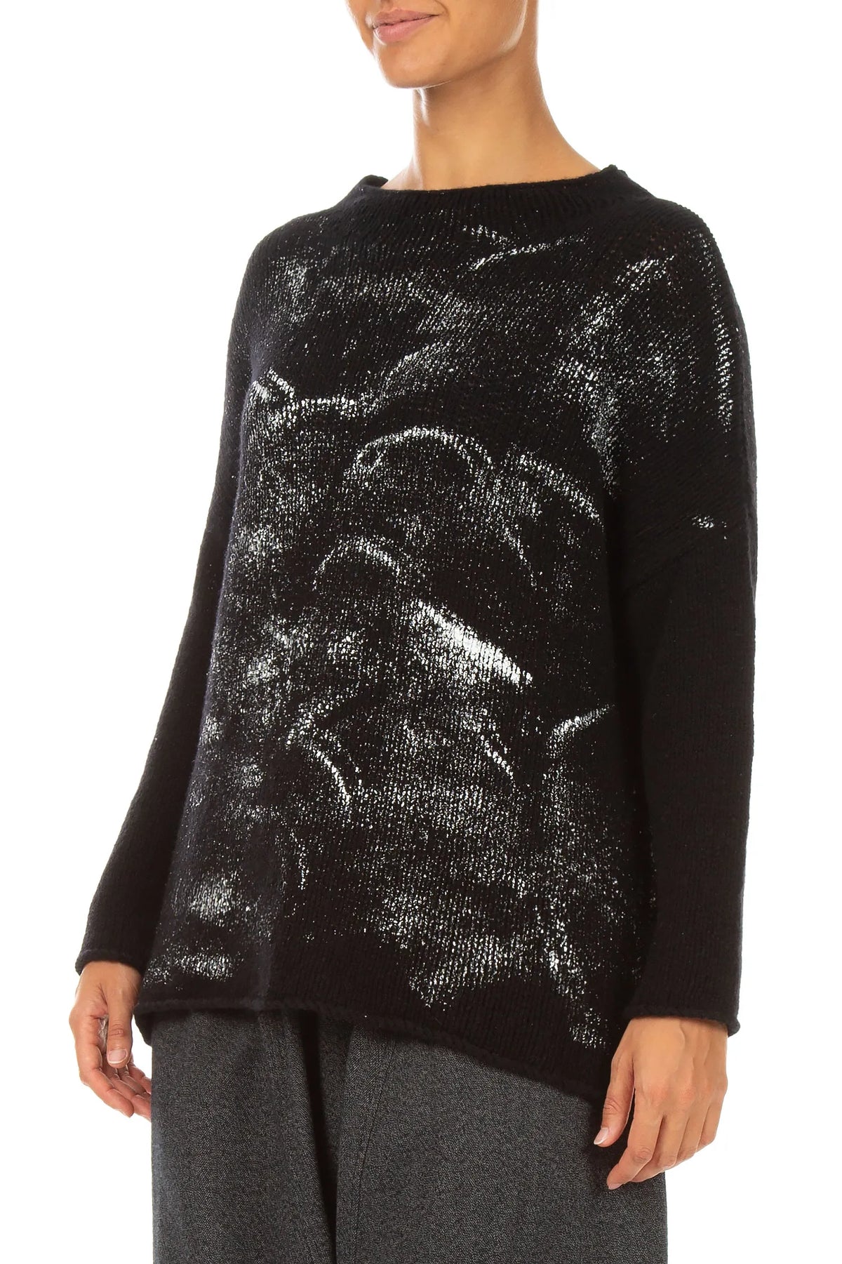 Boxy Black Silver Metallic Merino Wool Sweater 4
